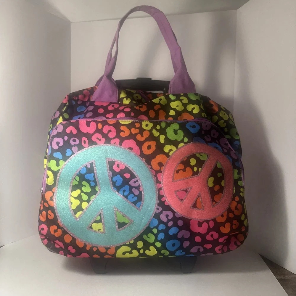Justice‎ Brand Rainbow Color Peace Sign Rolling Travel Bag Pre-owned